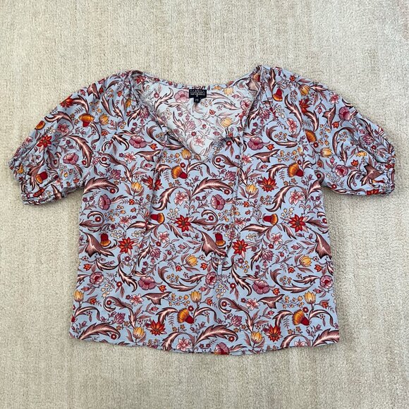 Tamga Designs Boho Floral Print Peasant Blouse Top M Blue Red - Picture 1 of 10